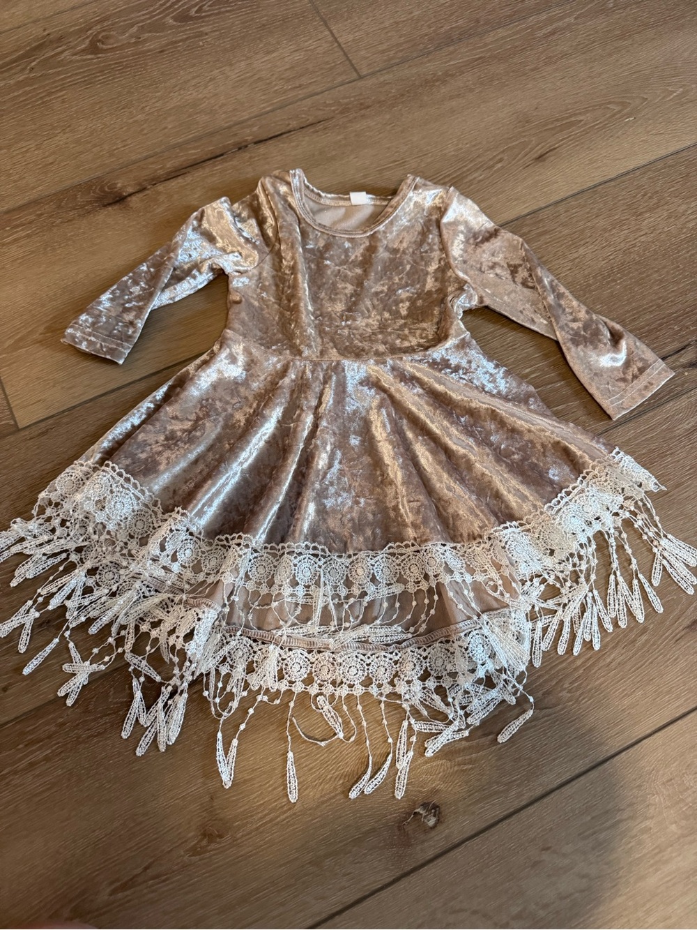 BOHO 12-18 mo toddler dress- Velvet Lace Fringe dress- Champagne color